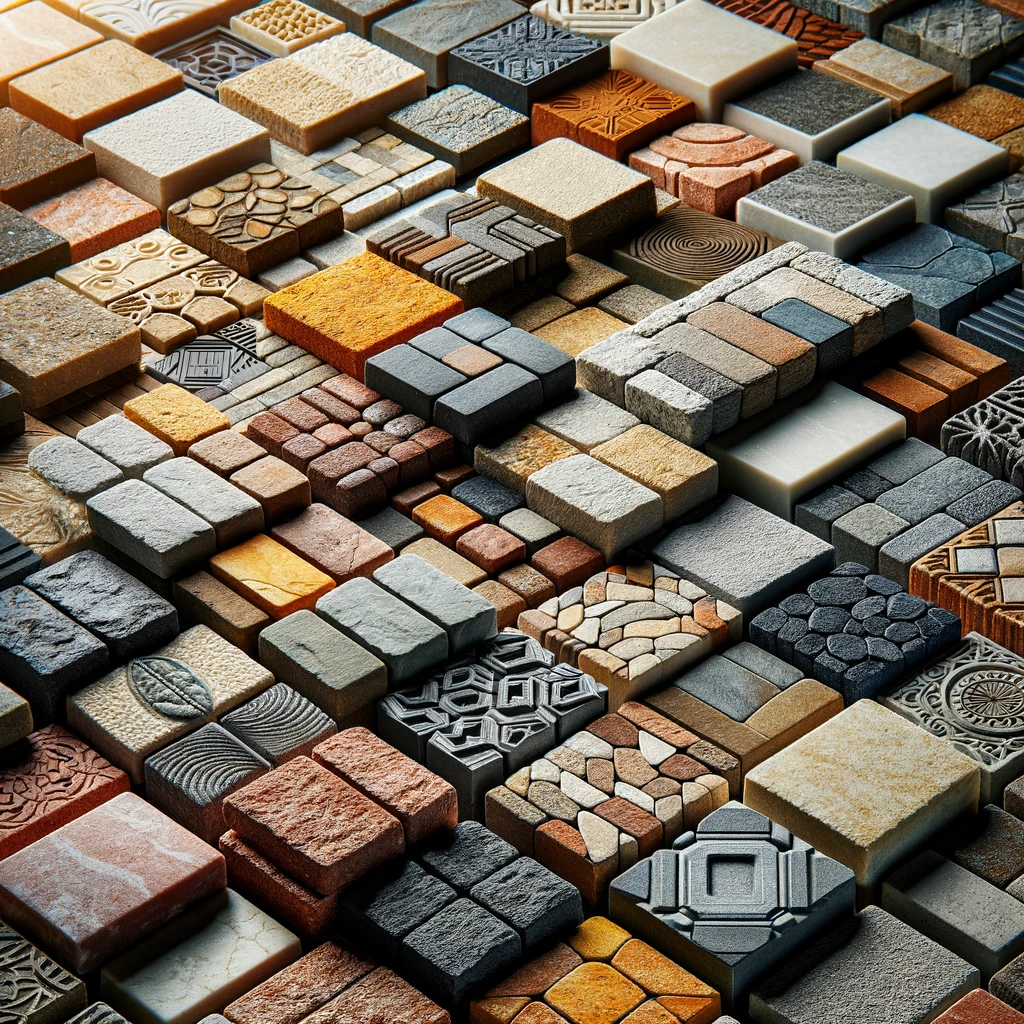 Comprehensive Pavers design - Concrete, Brick, & Stone Textures and Colors Variety of pavers display featuring concrete, brick, and natural stone in multiple colors and textures for landscaping and paving design